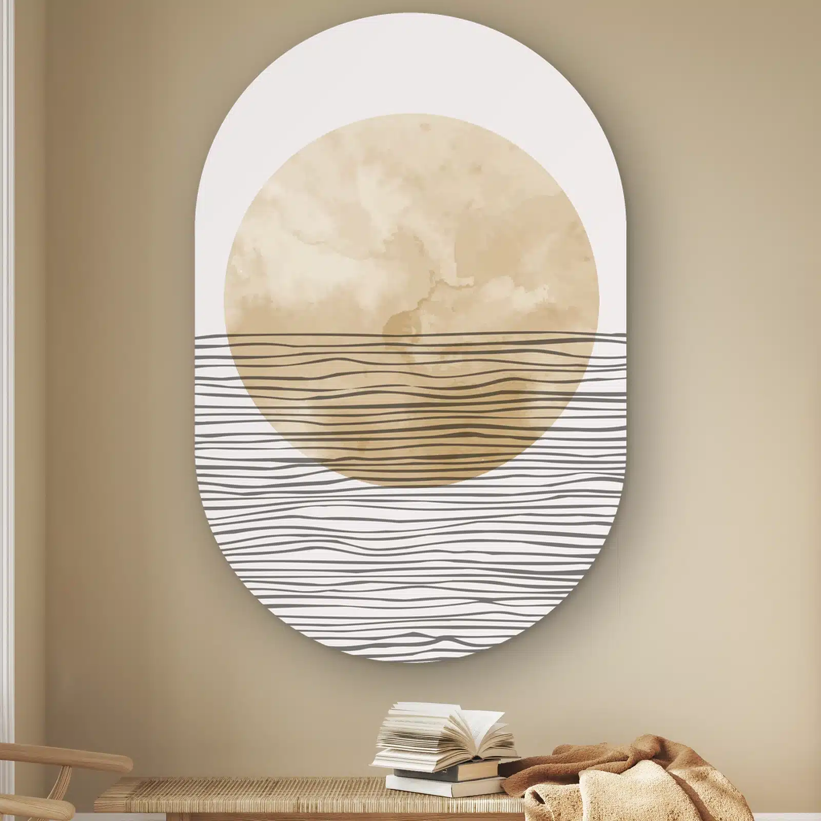 Muurovaal Abstracte horizonstrepen aan de muur boven een houten bankje met boeken