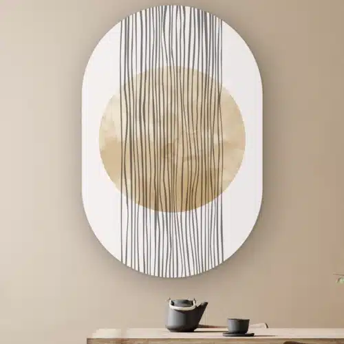 Muurovaal Abstracte vallende strepen aan de muur boven een houten tafel met theepot