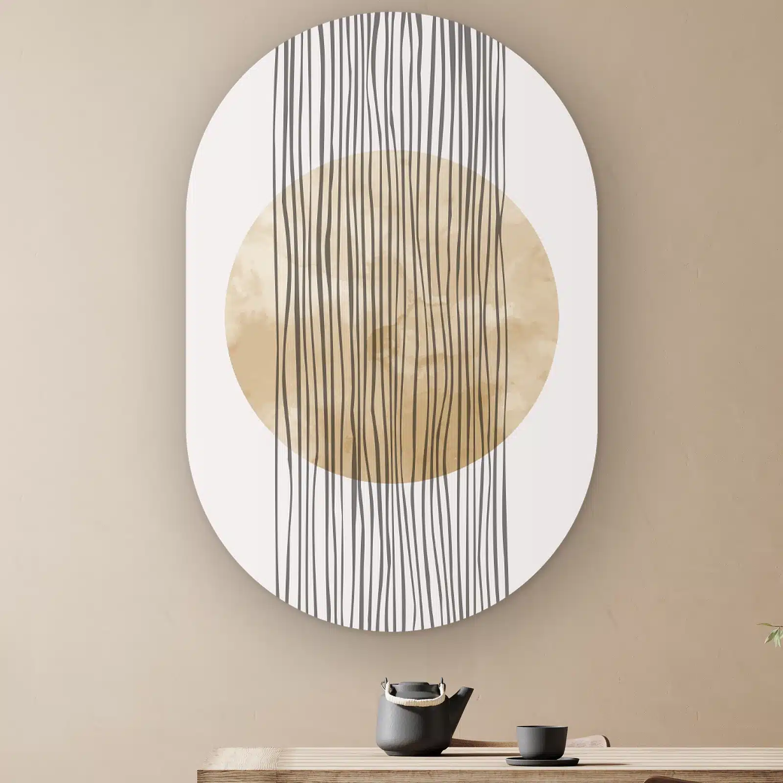 Muurovaal Abstracte vallende strepen aan de muur boven een houten tafel met theepot