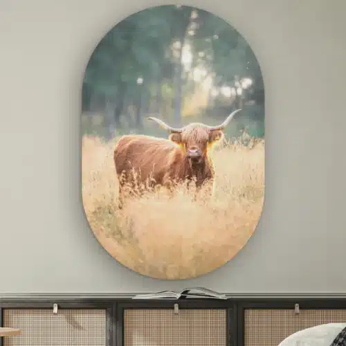 Muurovaal Schotse hooglander zonsondergang aan de muur boven een dressoir met rotan deurtjes