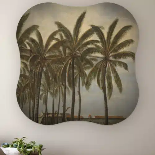 Organische vorm Het kasteel van Batavia aan de muur boven een houten dressoir met planten