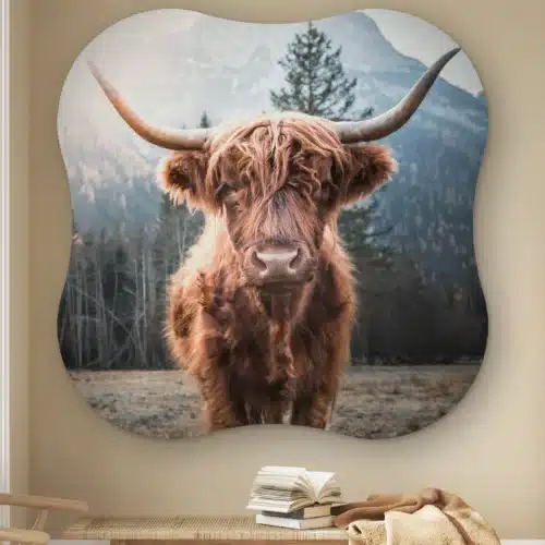 Organische vorm Hooglander aan de muur boven een houten bankje met boeken
