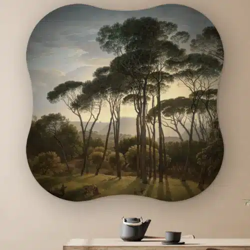 Organische vorm Italiaans landschap met parasoldennen aan de muur boven een houten tafel met theepot