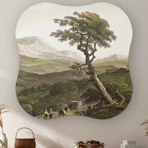 Organische vorm Siciliaans landschap met boom aan de muur boven een kast met een rieten mandje