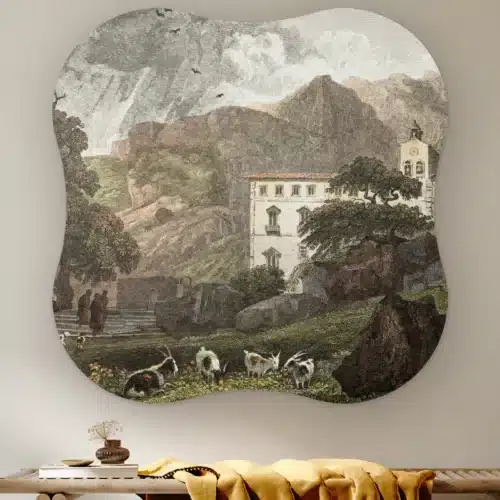Organische vorm Siciliaans landschap met huis aan de muur boven een houten bank met een okergele plaid