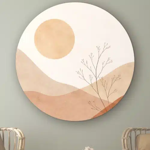 Muurcirkel Japandi Sunset aan de muur boven twee rotan stoelen
