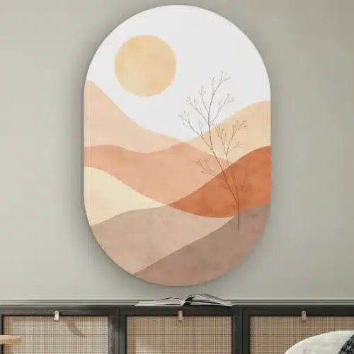 Muurovaal Japandi Sunset aan de muur boven een dressoir met rotan deurtjes