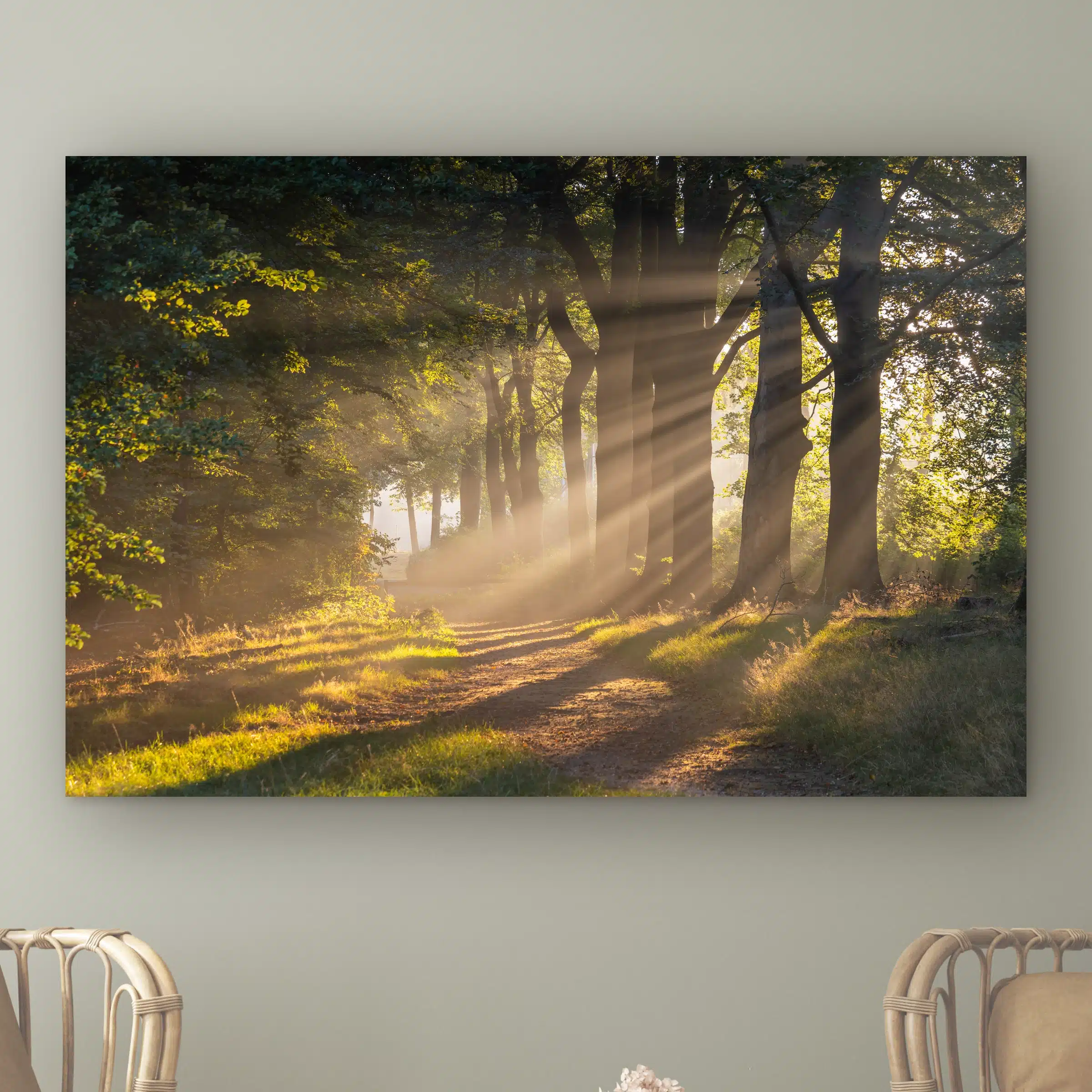 Bos wanddecoratie: zandpad tussen hoge bomen met zonnestralen door de ochtendmist, als artframe aan de muur