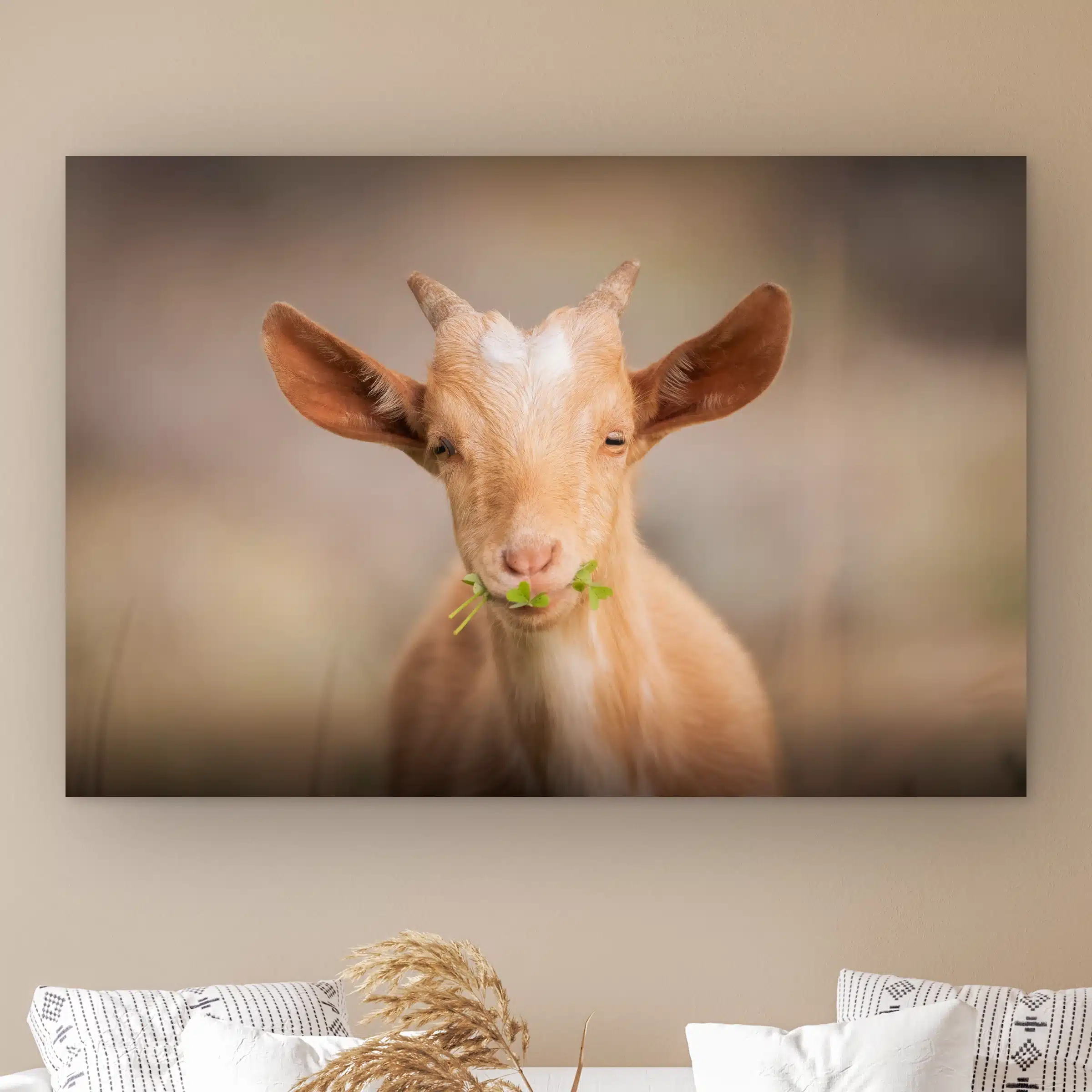 Geit wanddecoratie: jong goudblond geitje met klavertjes in de bek kijkt recht in de lens, als artframe aan de muur