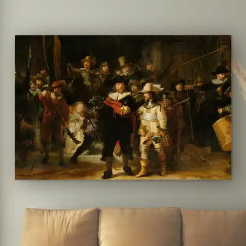 De Nachtwacht van Rembrandt van Rijn aan de muur boven een cognac bank