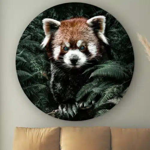 Muurcirkel Rode panda aan de muur boven een cognac bank