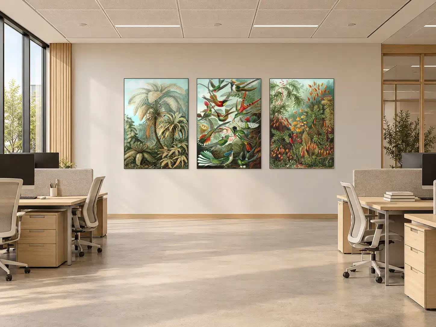 Drie akoestische panelen met prenten van Ernst Haeckel in een kantoortuin