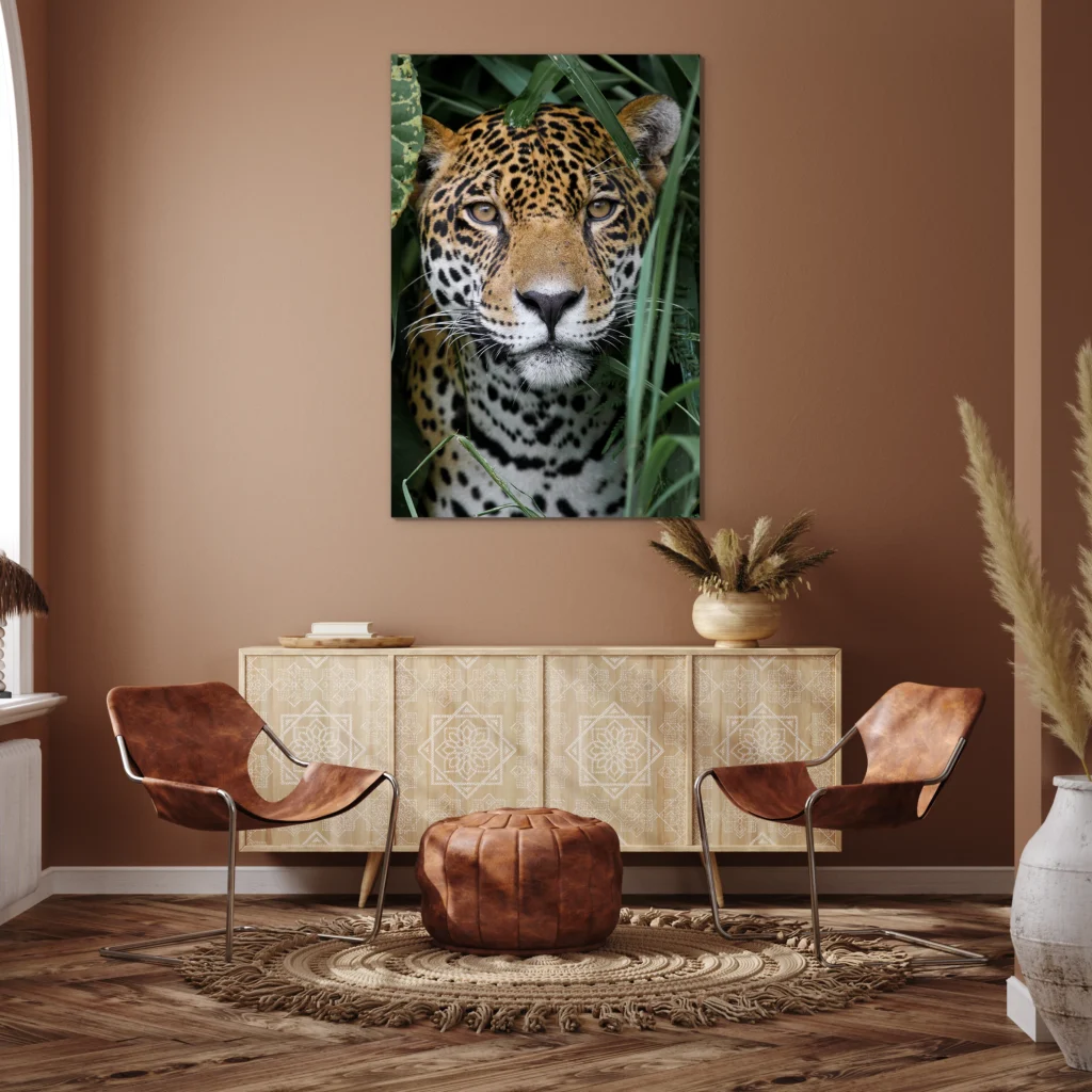 Amazone jaguar boven een licht houten dressoir tegen een terracotta muur