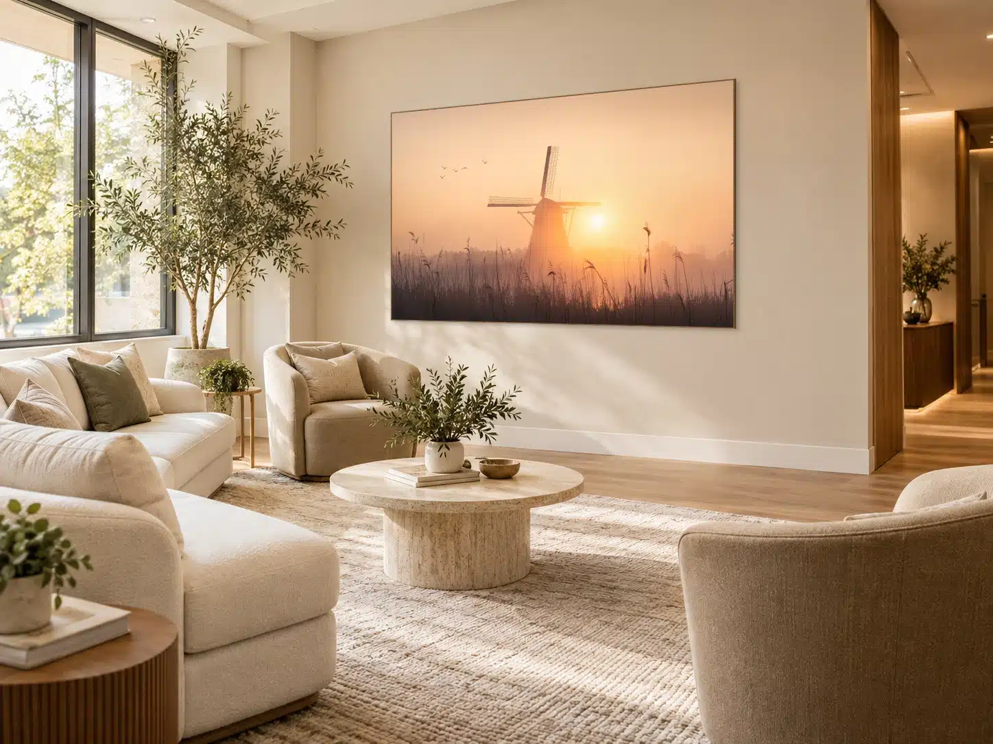 Groot artframe in houten frame met een molen bij Kinderdijk in de ochtendmist in een lichte lounge