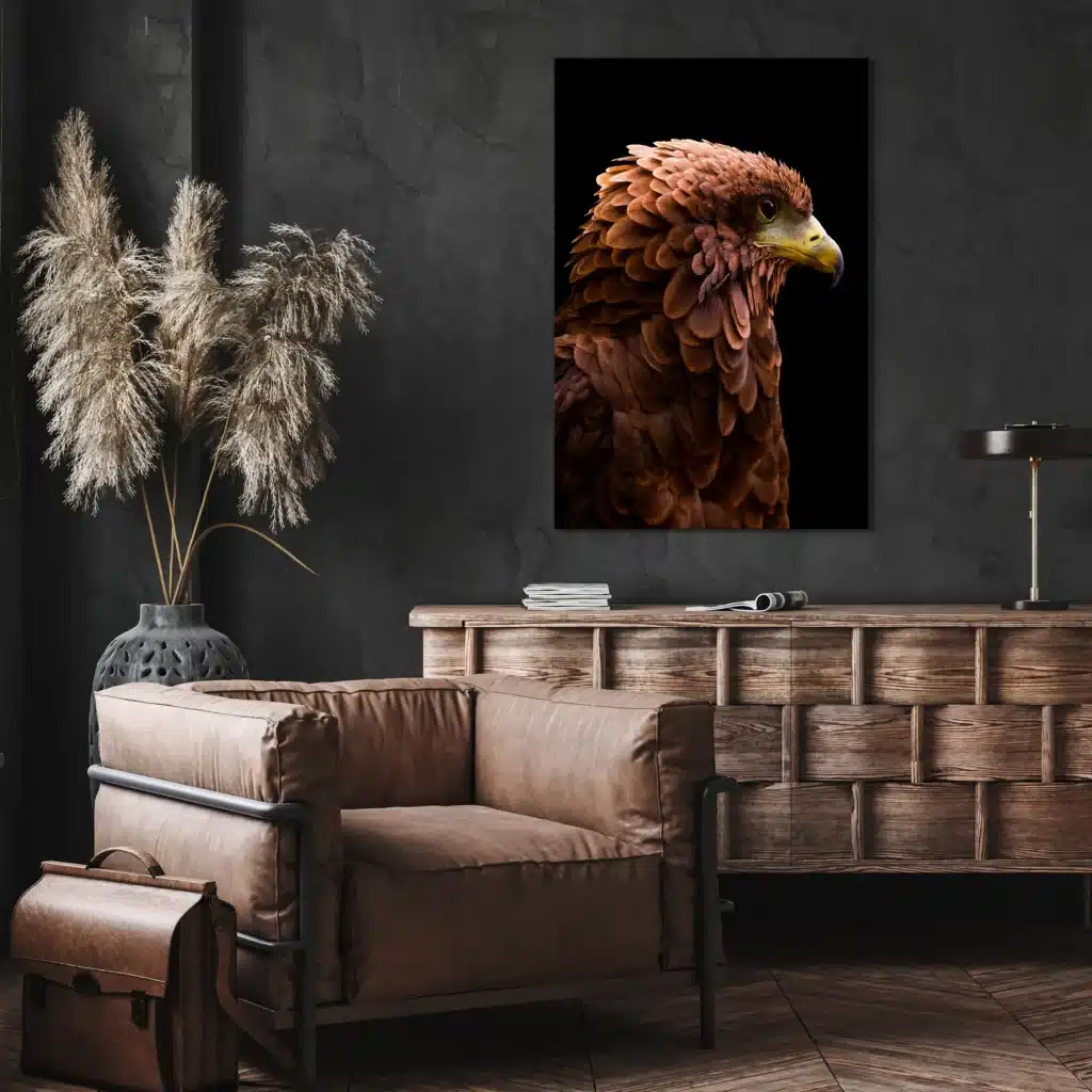 Bateleurarend aan een donkere wand boven een houten dressoir en een leren fauteuil
