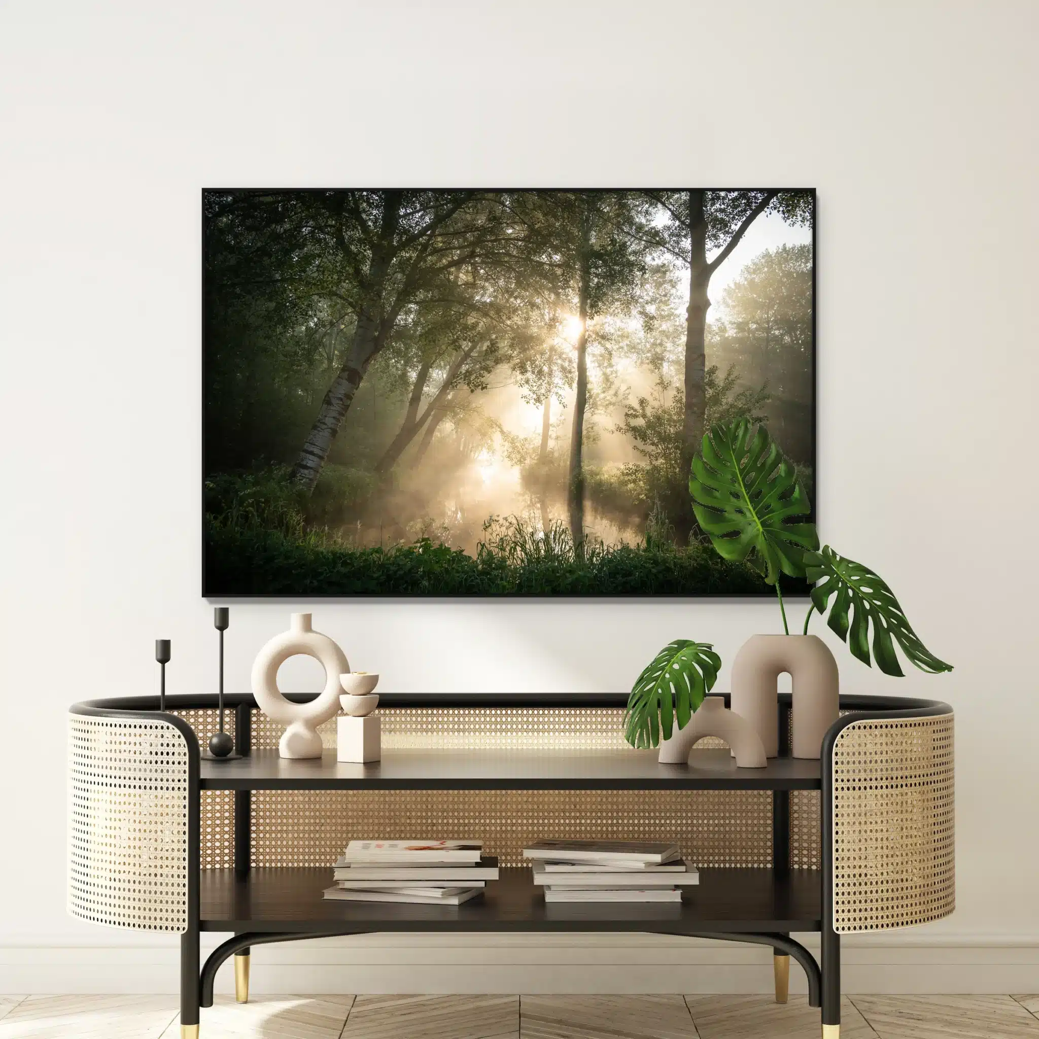 De magie van de vroege morgen als artframe met slank zwart frame aan de muur
