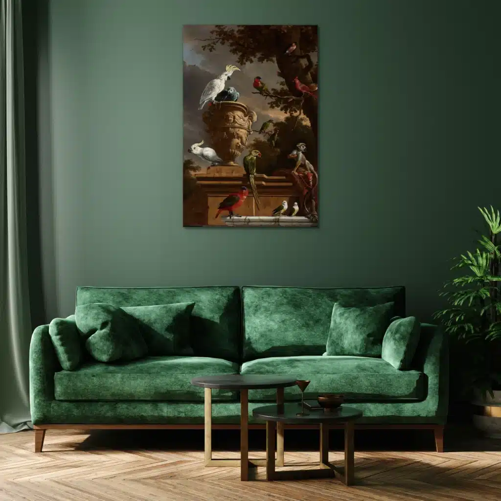 De Menagerie van Melchior d'Hondecoeter boven een groene fluwelen bank aan een donkergroene muur