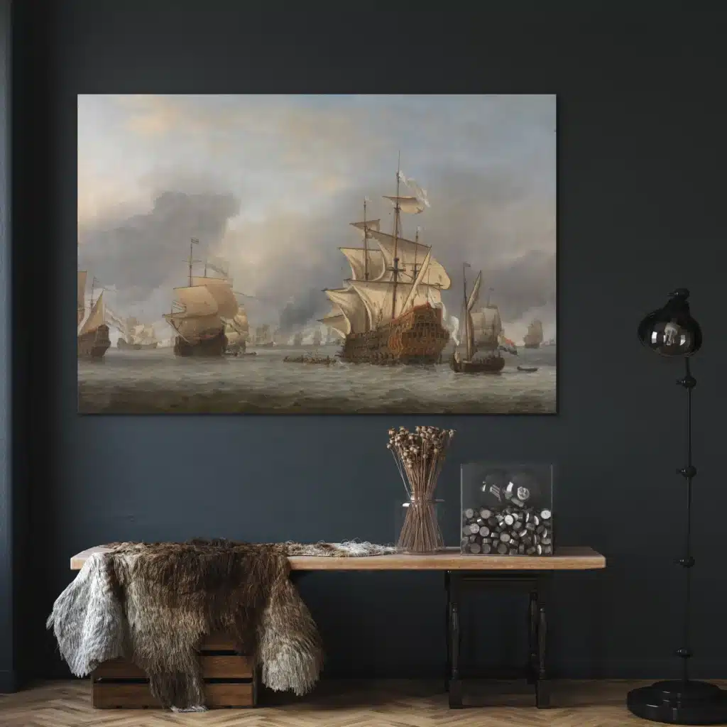 De verovering van de Royal Prince boven een houten bankje met een vacht tegen een donkerblauwe muur