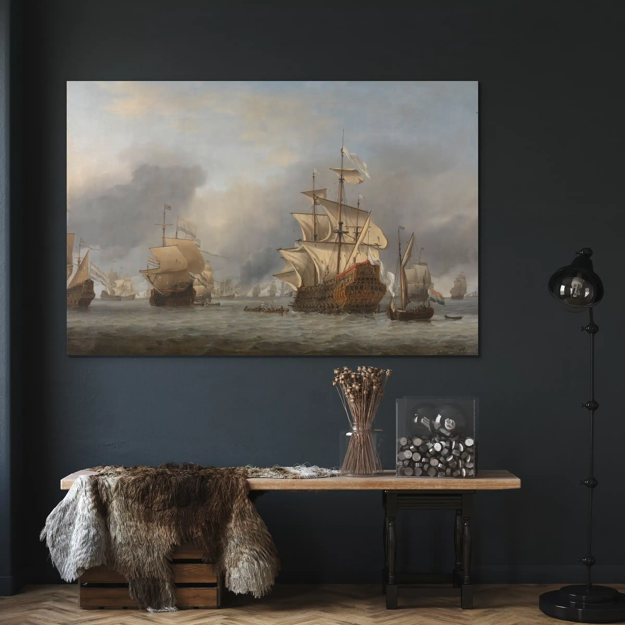 De verovering van de Royal Prince boven een houten bankje met een vacht tegen een donkerblauwe muur