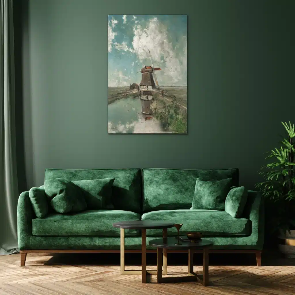Een molen aan een poldervaart boven een groene fluwelen bank tegen een donkergroene muur
