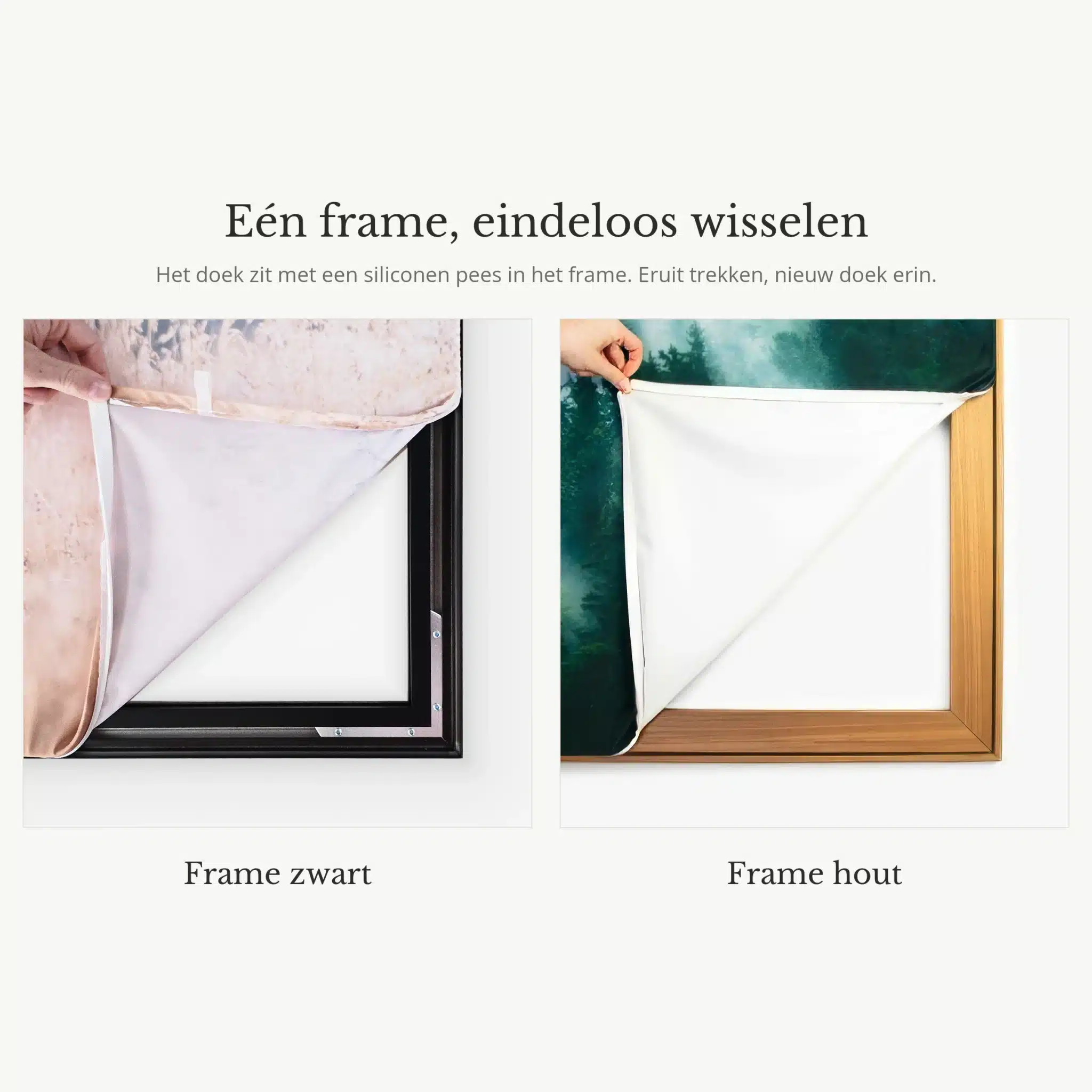 Het doek van het artframe trek je los en wissel je zelf, met zwart of houten frame