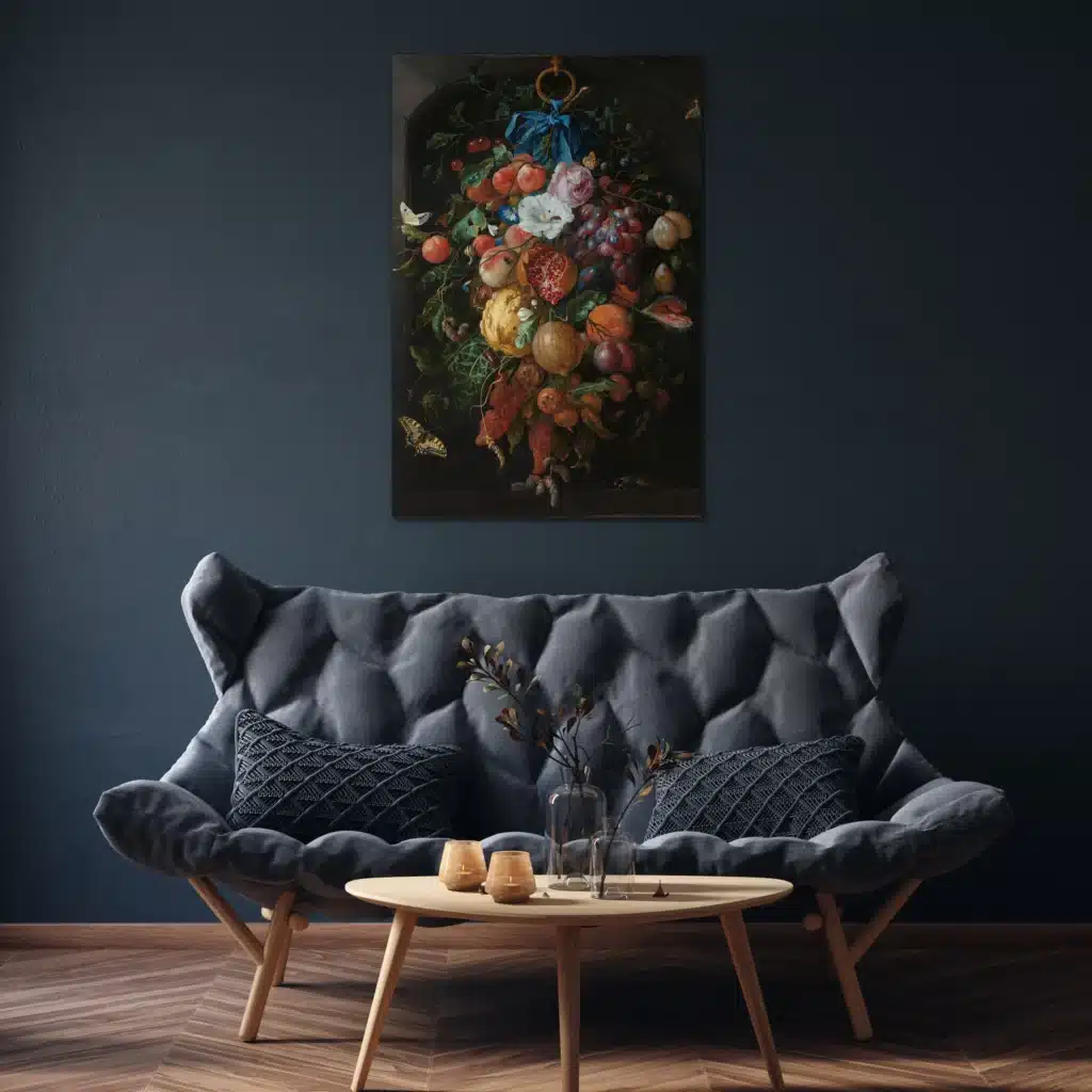 Festoen van vruchten en bloemen boven een grijze bank aan een donkerblauwe muur
