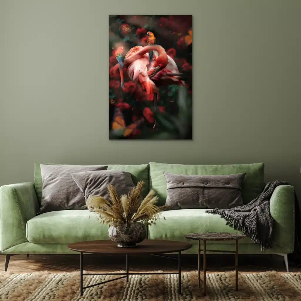 Flamingo met rozen en twee papegaaien aan een saliegroene muur boven een groene bank met grijze kussens