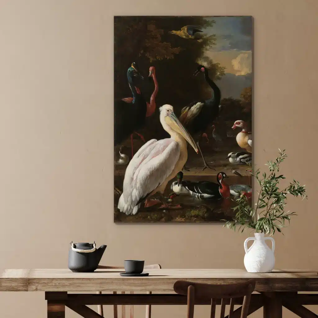 Het drijvend veertje: pelikaan en watervogels, boven een houten eettafel met een olijftak in een kruik