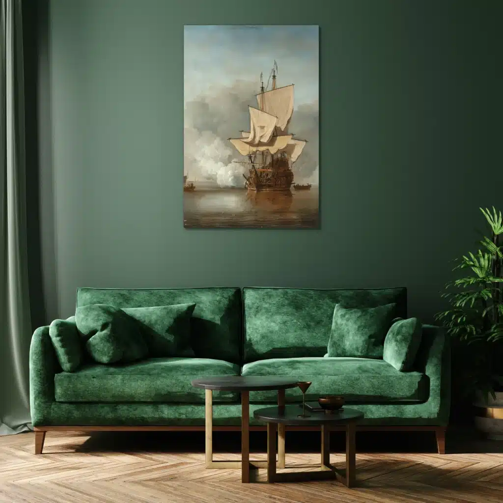 Het kanonschot van Willem van de Velde boven een groene fluwelen bank aan een donkergroene muur