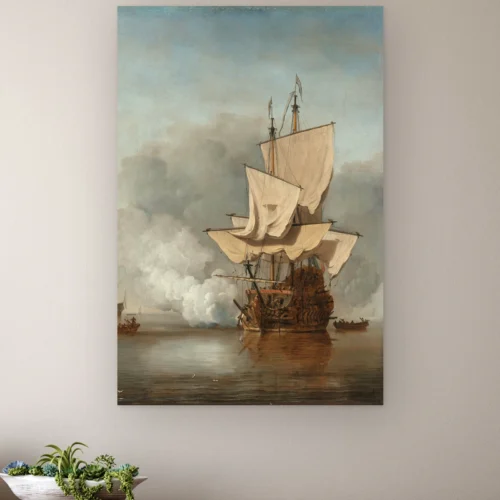Het kanonschot van Willem van der Velde aan de muur boven een houten dressoir met planten