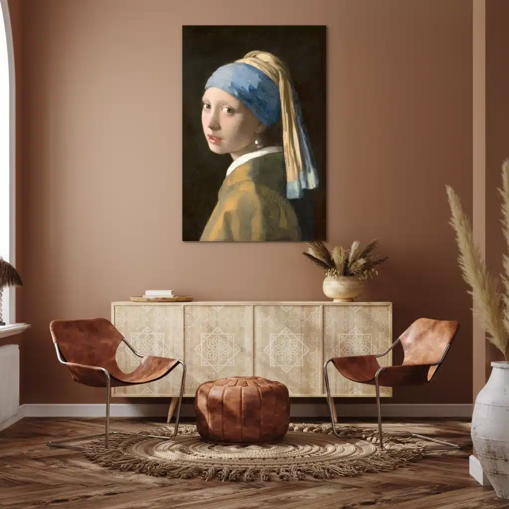 Het meisje met de parel van Vermeer boven een licht houten dressoir tegen een terracotta muur