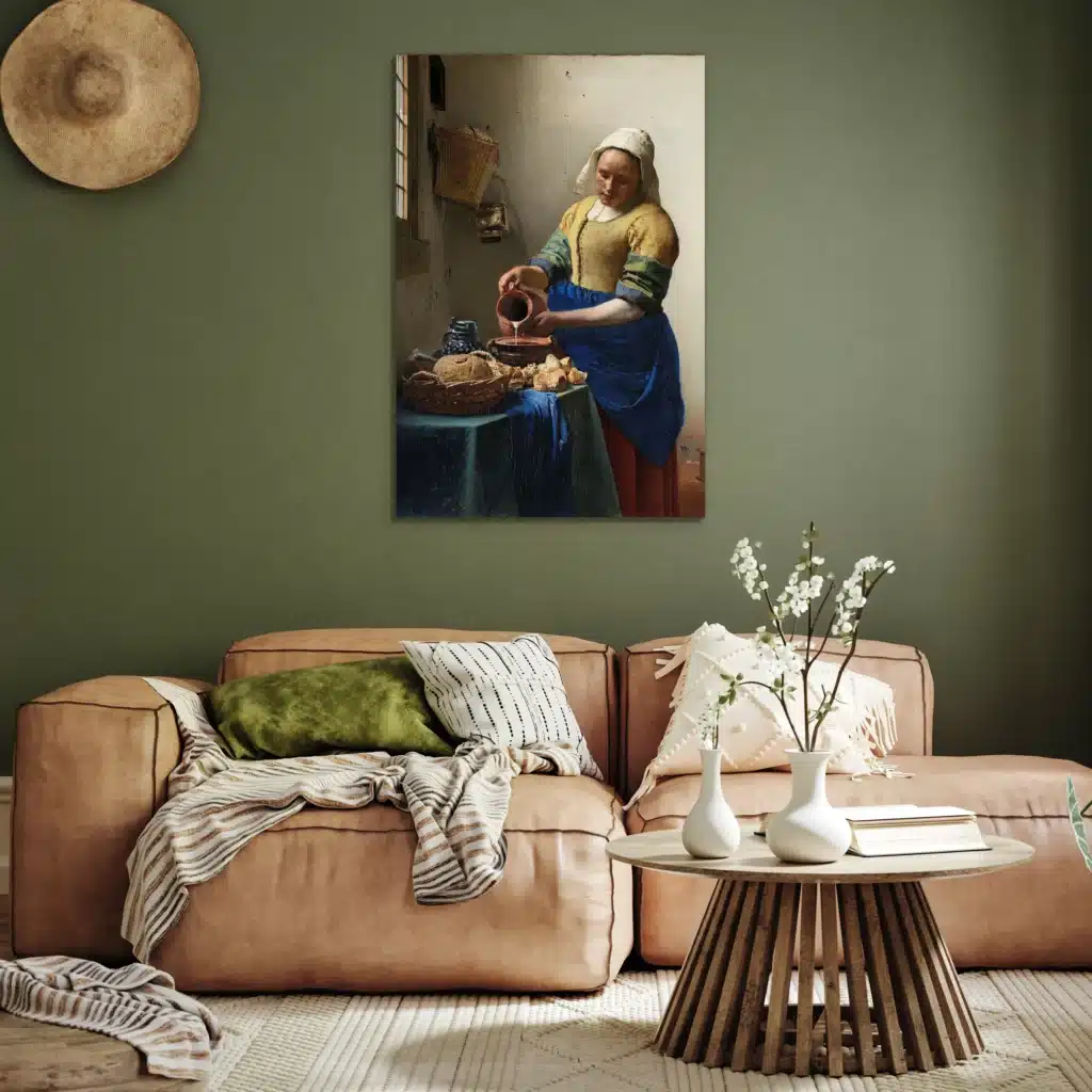 Het melkmeisje van Vermeer aan een olijfgroene muur boven een cognac leren bank