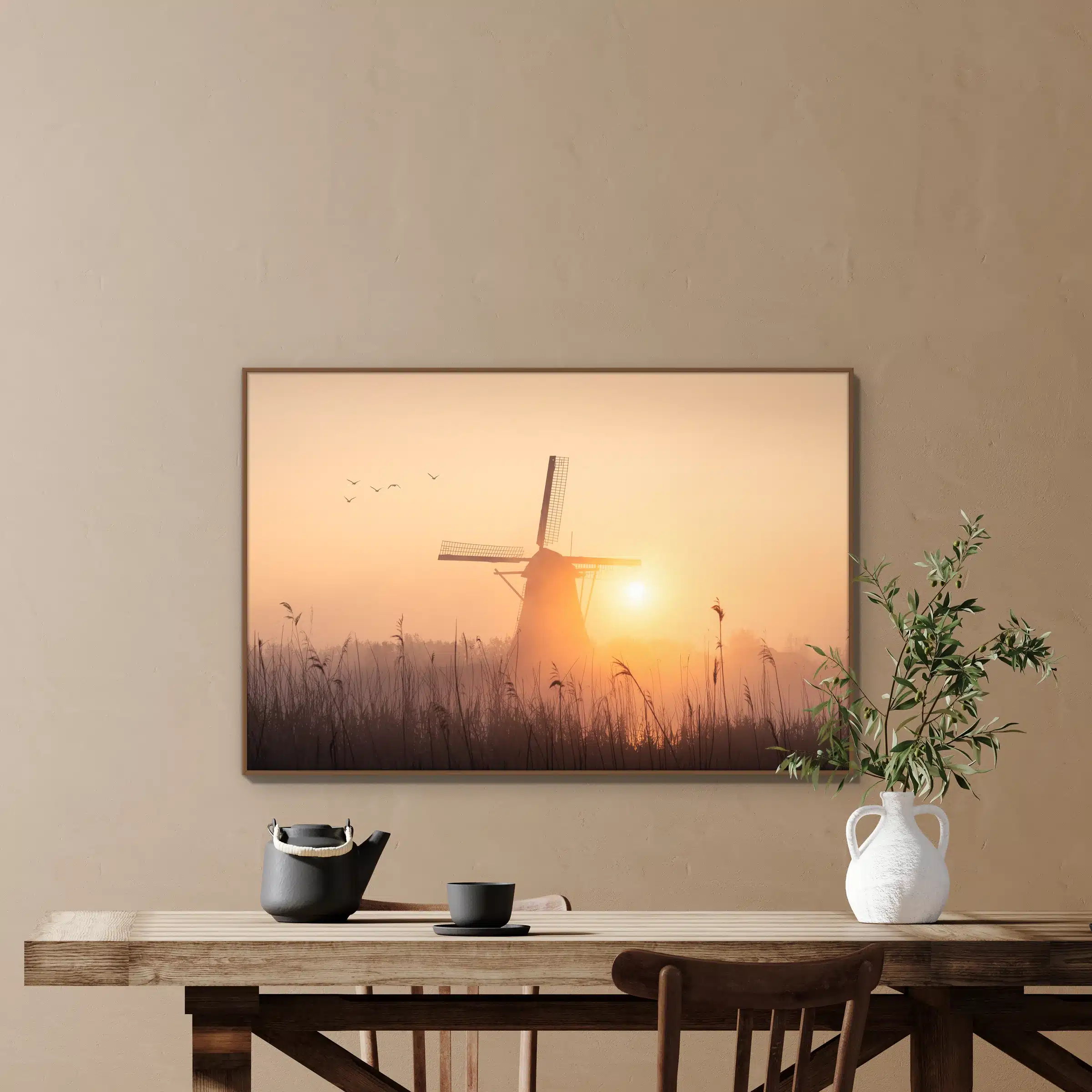 Hollandse glorie bij Kinderdijk als artframe met houten frame aan de muur