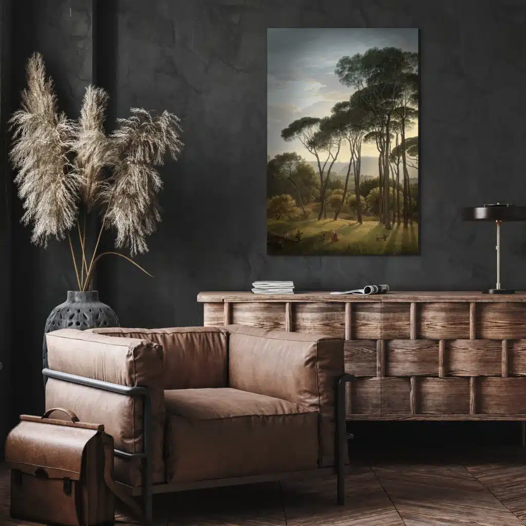 Italiaans landschap met parasoldennen aan een donkere muur boven een houten dressoir en een leren fauteuil