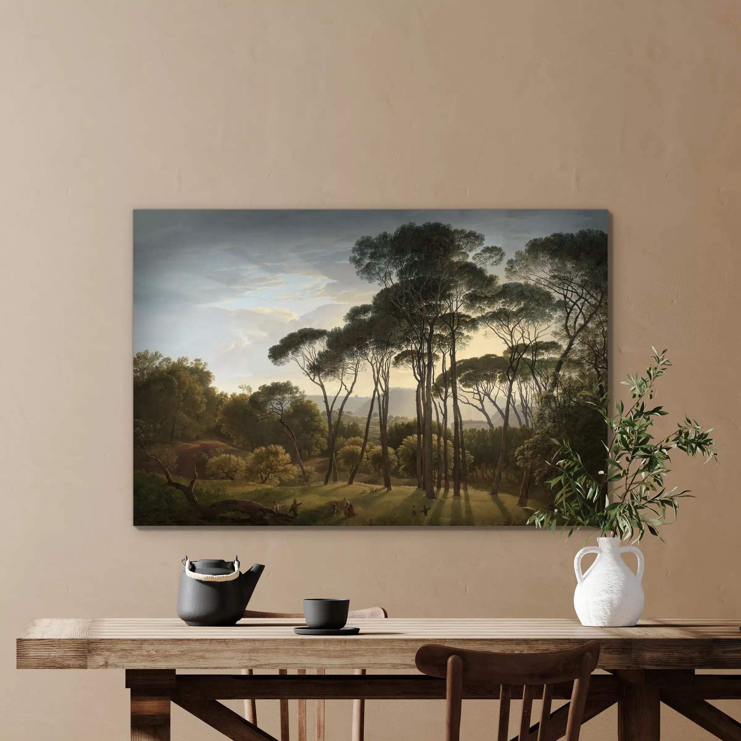 Hendrik Voogd, Italiaans landschap met parasoldennen boven een houten eettafel