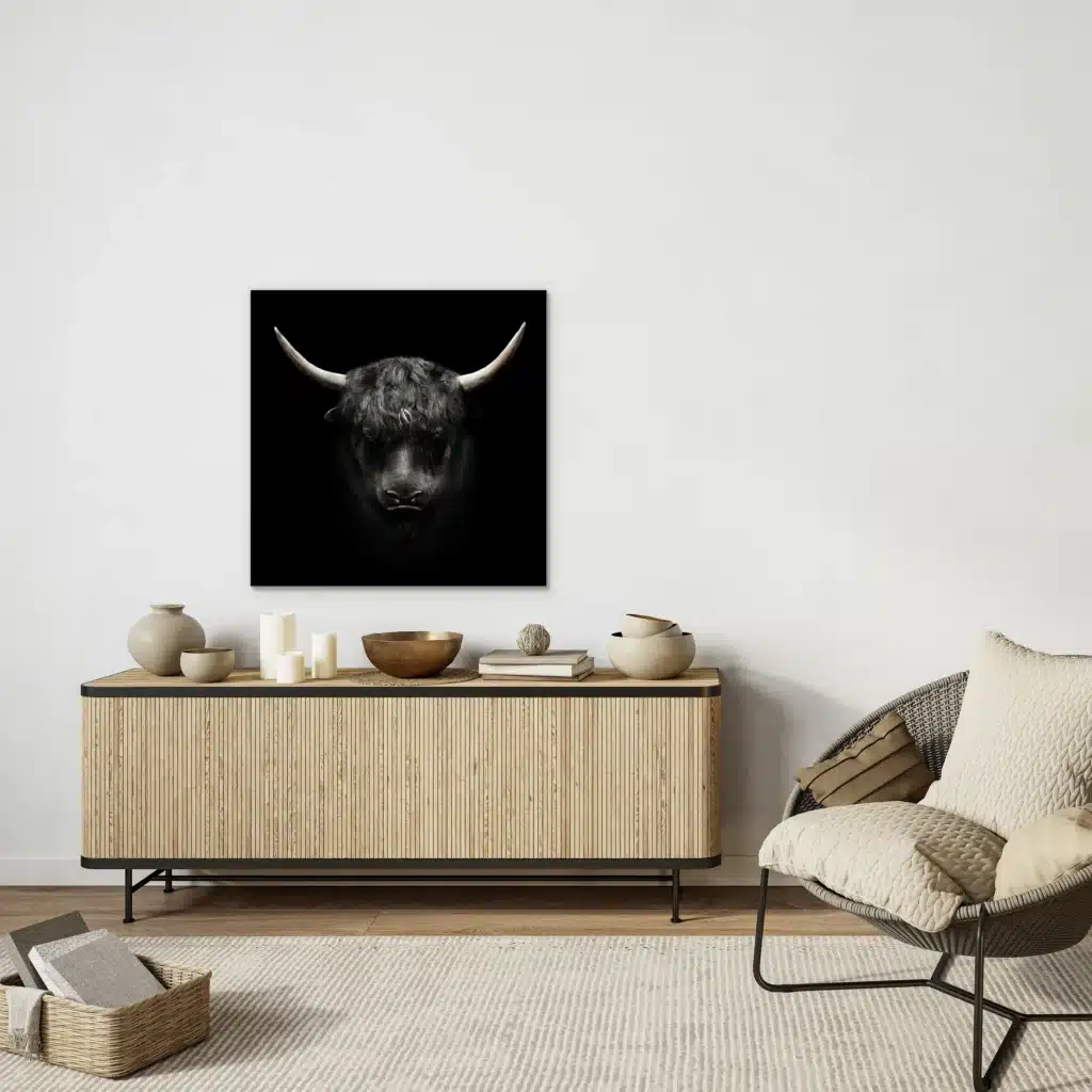 Jak wanddecoratie aan een witte muur boven een houten lamellen dressoir naast een rotan stoel