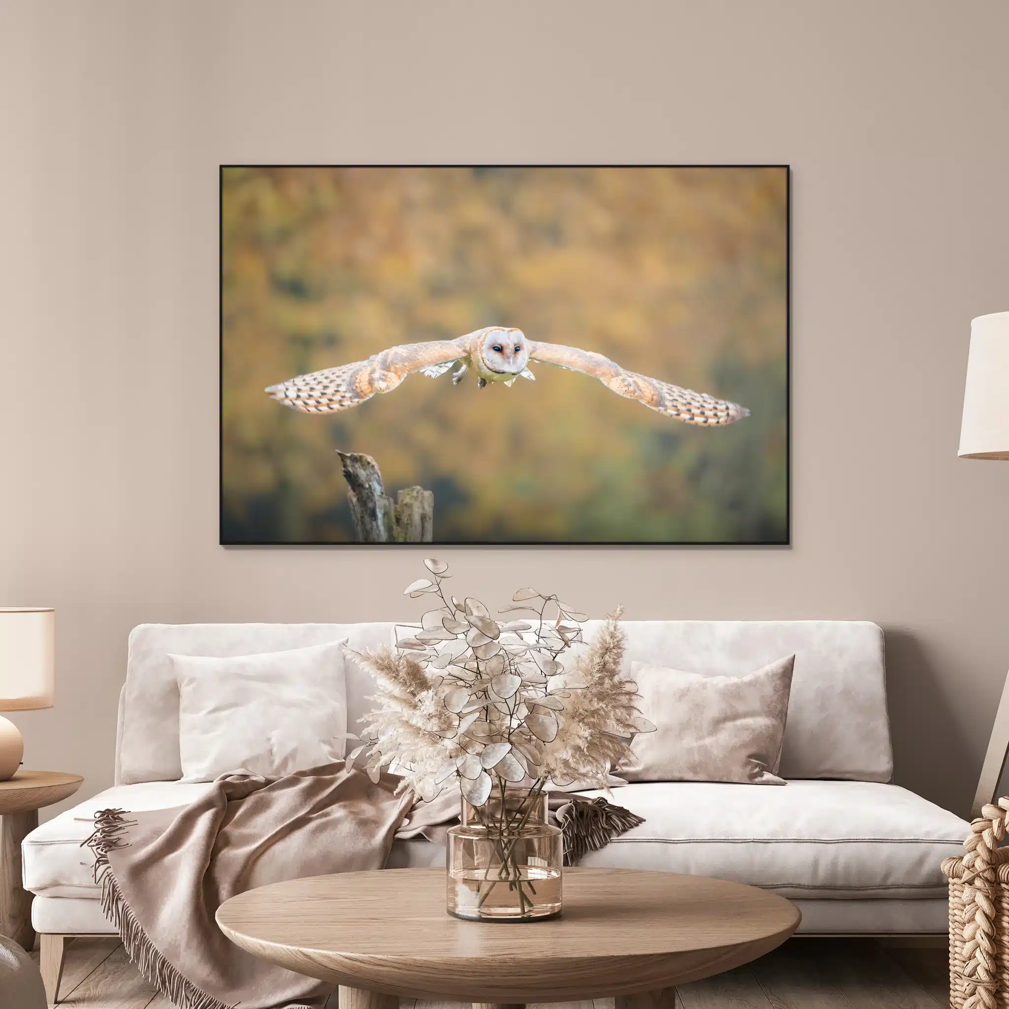 Kerkuil in stille vlucht als artframe met slank zwart frame aan de muur