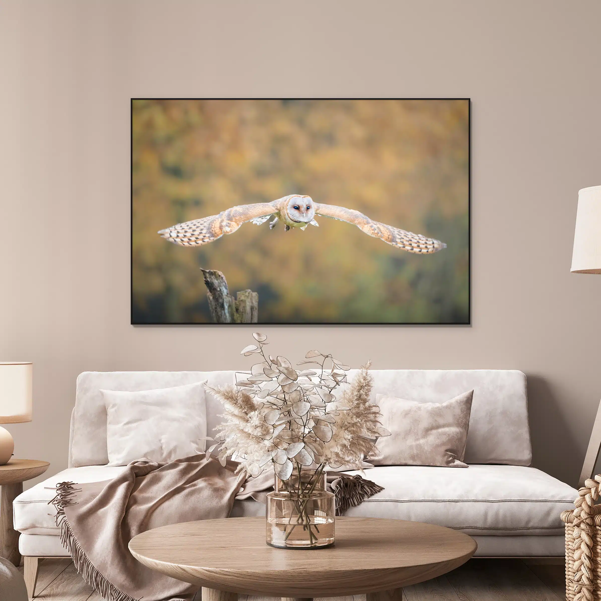 Kerkuil in stille vlucht als artframe met slank zwart frame aan de muur