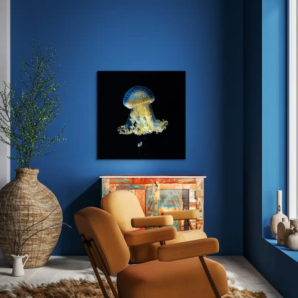 Kwal Yanga wanddecoratie aan een kobaltblauwe muur boven okergele fauteuils