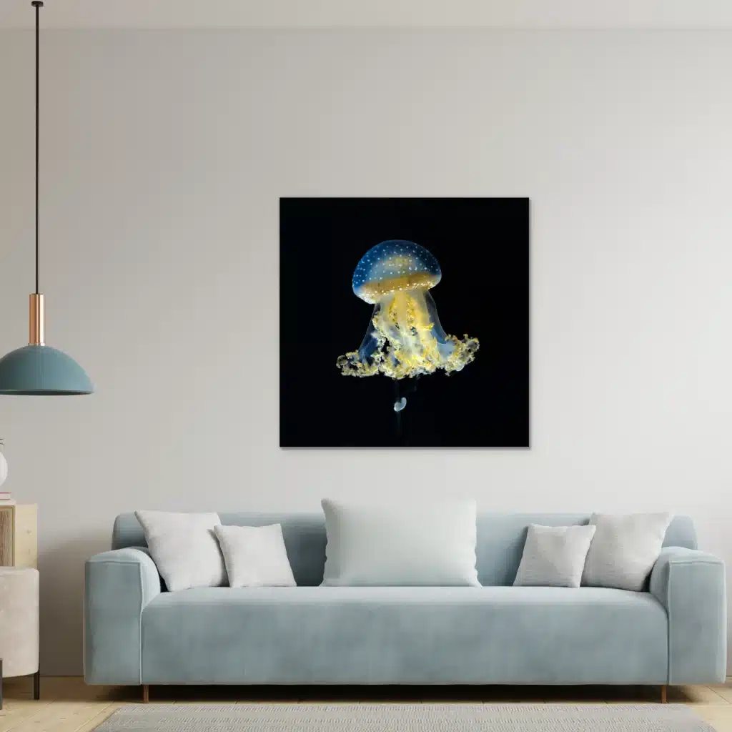Kwal Yanga wanddecoratie boven een lichtblauwe bank met witte kussens en een hanglamp
