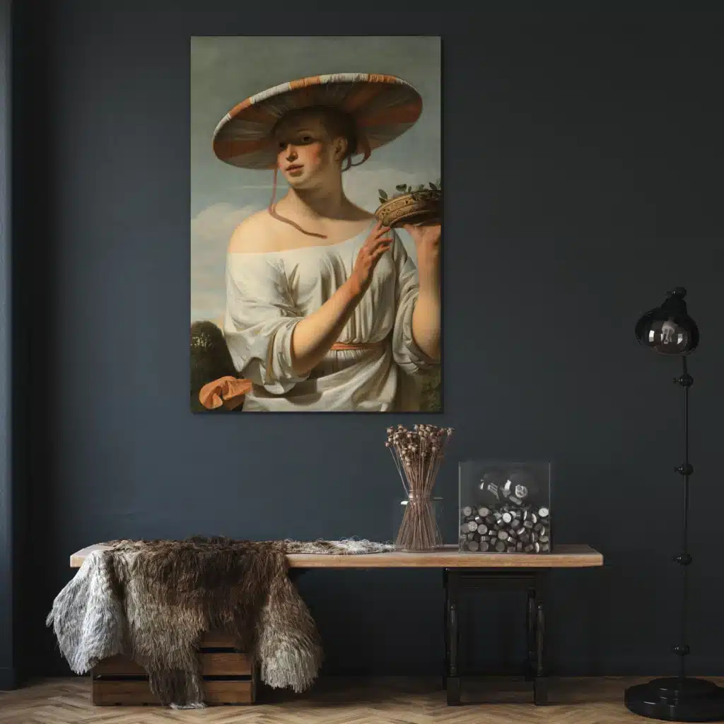 Meisje met de brede hoed aan een donkerblauwe muur boven een oude houten console