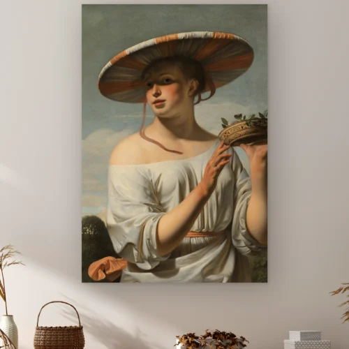 Meisje met de brede hoed van Caesar Boëtius van Everdingen aan de muur boven een kast met een rieten mandje