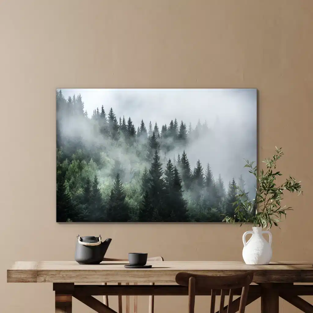 Mistig bos boven een houten eettafel tegen een zandkleurige muur