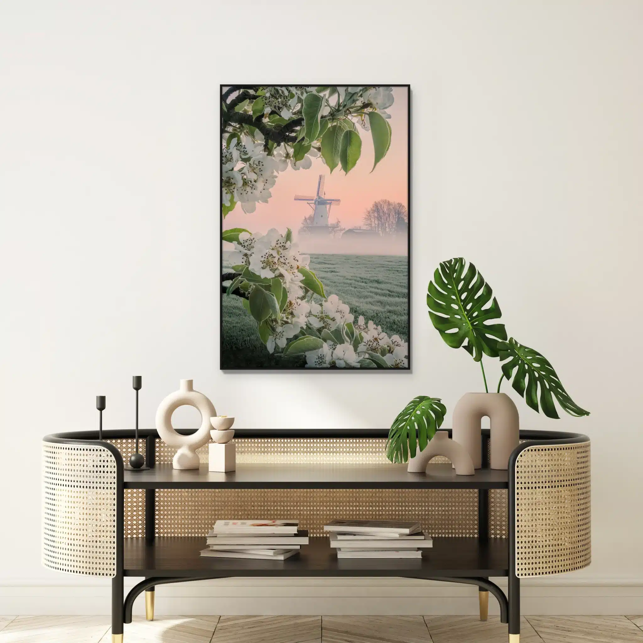 Lente in Nederland als artframe met slank zwart frame aan de muur