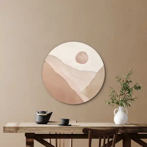 Muurcirkel abstracte bergvallei in een eetkamer boven de eettafel