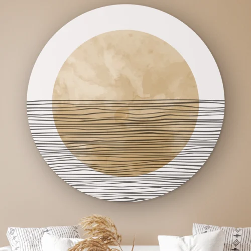 Muurcirkel Abstracte horizonstrepen aan de muur boven een witte bank met kussens
