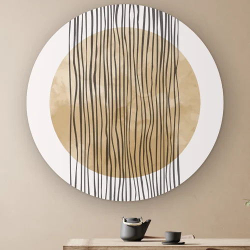 Muurcirkel Abstracte vallende strepen aan de muur boven een houten tafel met theepot