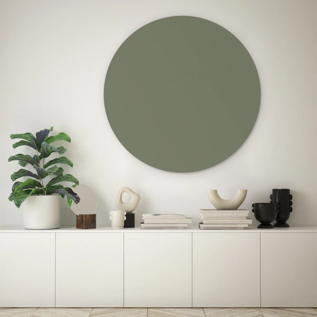 Army green muurcirkel boven een lage witte kast met een vioolbladplant en zwarte vazen