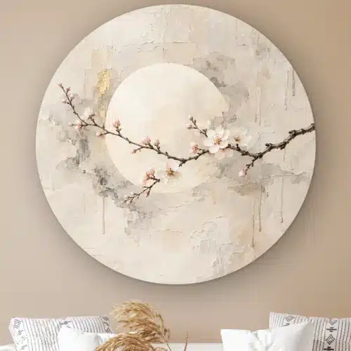Japandi schilderij bloemen als muurcirkel: bloeiende pruimentak voor een bleke volle maan op oud stucwerk, japandi