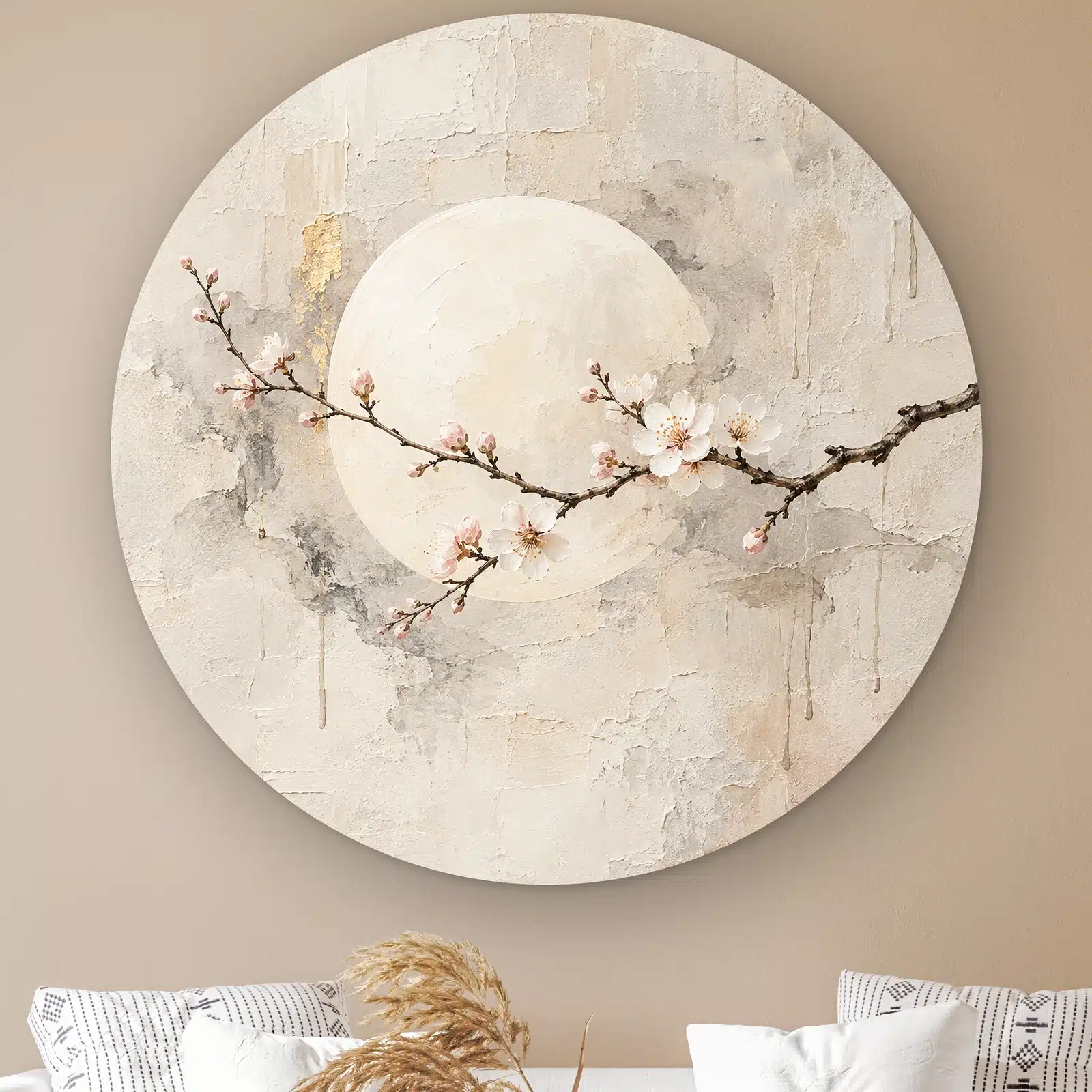 Japandi schilderij bloemen als muurcirkel: bloeiende pruimentak voor een bleke volle maan op oud stucwerk, japandi